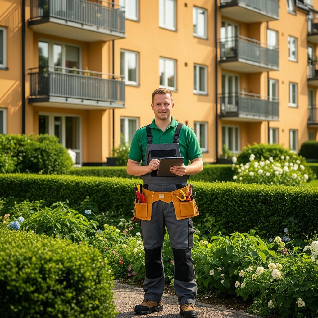 Professionell fastighetsskötare utför fastighetsskötsel vid svensk BRF